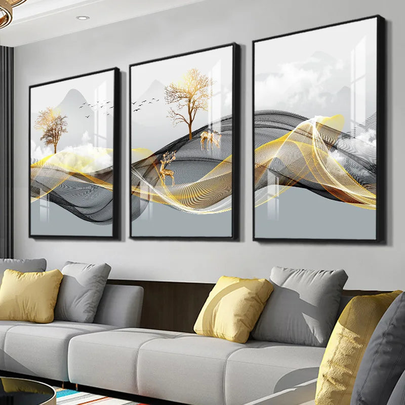 3 Pieces Nordic Luxury Ribbon Abstract Landscape Wall Art Canvas Paintings Modern Gold Deer Poster Print Picture for Home Decor - NICEART