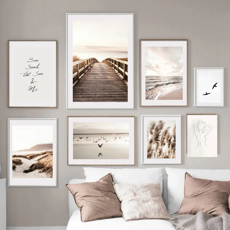 Bridge Beach Bike Bird Beige Grass Sunset Wall Art Canvas Painting Nordic Posters And Prints Wall Pictures For Living Room Decor - NICEART