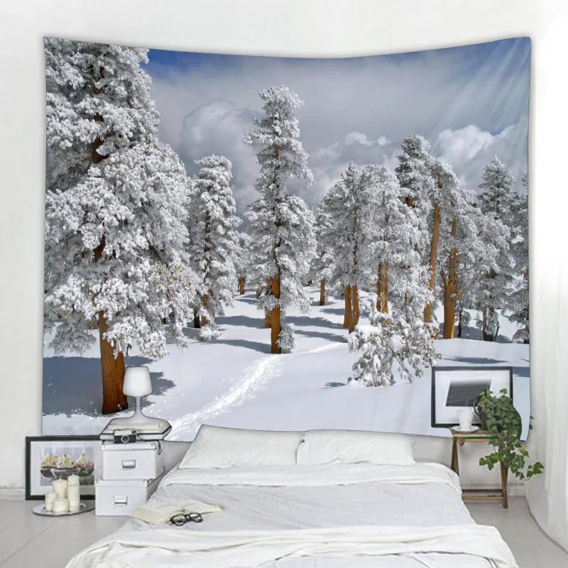 Home Decor Christmas Snow Tapestry Santa Gifts Fireplace  Tree Elk Wall Hanging Bedroom Dorm Background Cloth tapiz