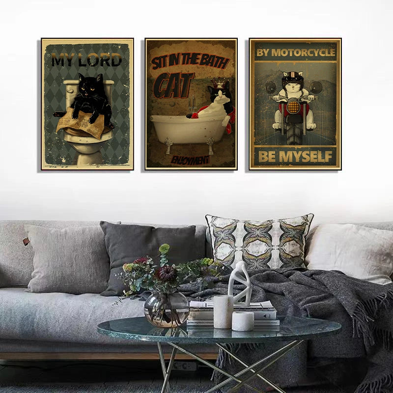 Black Cat Nostalgia Poster Kraft Paper Prints Salon Decor Cartoon Picture 2022 Arrivals Decoration Wall Sticker Bedroom Painting - NICEART