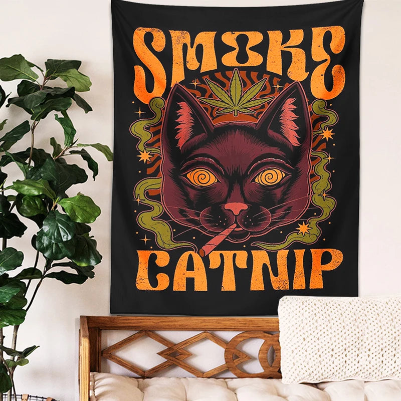 Smoke Catnip Tapestry Wall Hanging retro tarot cat smoke leaf Mysterious Divination Witchcraft Black Cool home dorm room Decor - NICEART