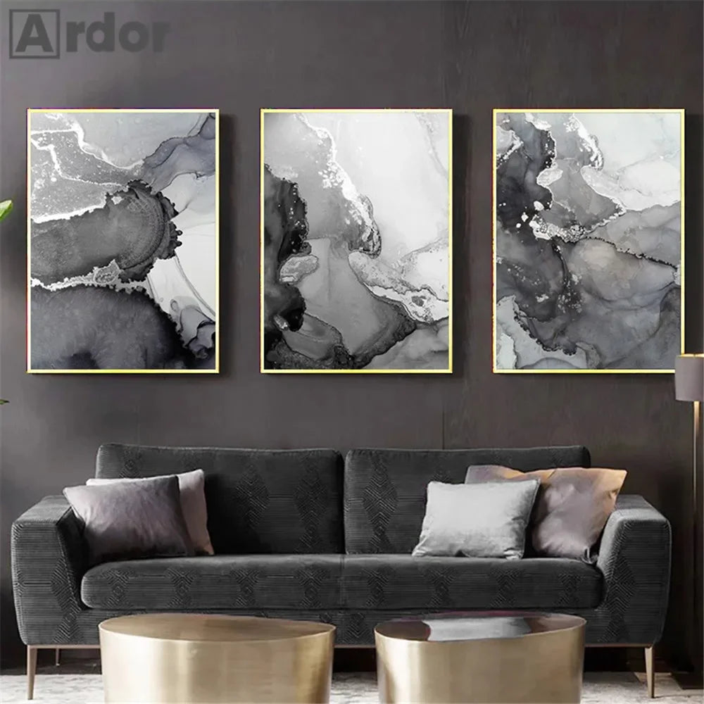 Black Silver Gray Marble Canvas Poster Modern Abstract Wall Art Print Painting Nordic Wall Pictures Living Room Interior Decor - NICEART