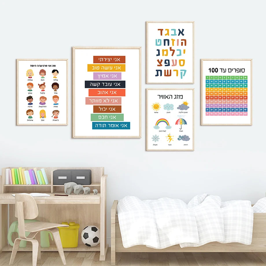 Hebrew Letters Alphabet Jewish Number Day Time Wall Art Canvas Painting Nordic Posters And Prints Wall Pictures Kids Room Decor - NICEART