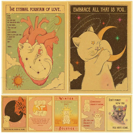 Vintage Tarot Constellation Cat Posters Kraft Paper Witchcraft Sun Moon and Pisces Aries Room Decor Wall Printing - NICEART