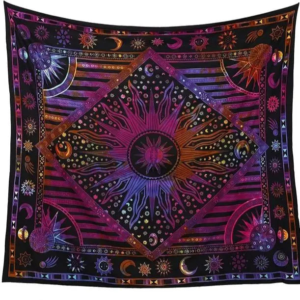 Hippie Mandala sun and moon man-made poster tapestry wall hanging - India gold burning sun star psychedelic pop mysterious beach