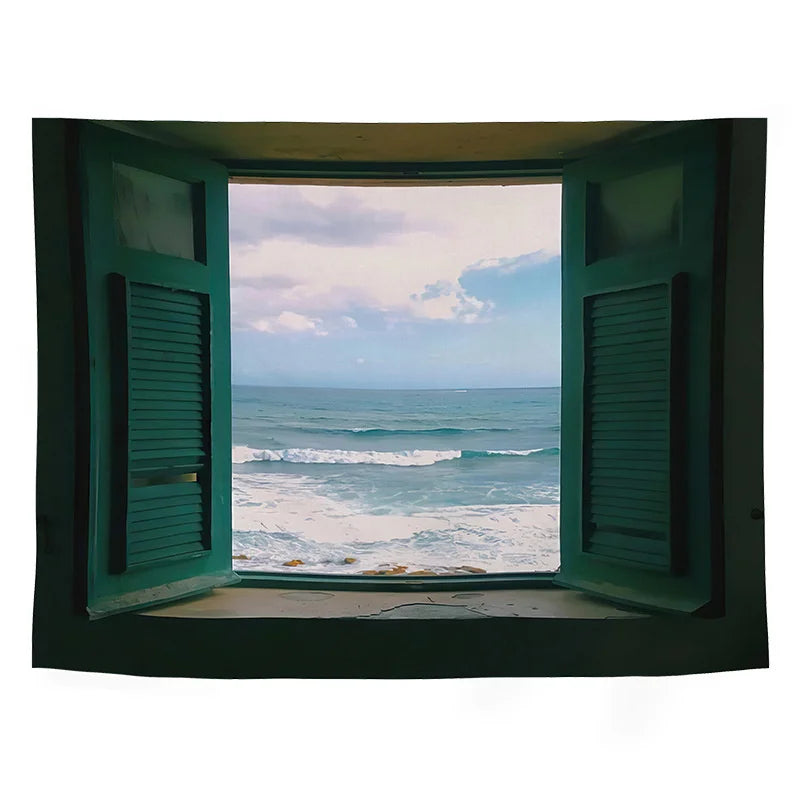 Window Tapestry Sea Outside The Window Wall Hanging Starry Carpet Blanket Bedspread Yoga Towel Home Beach Wall Decor Dropship