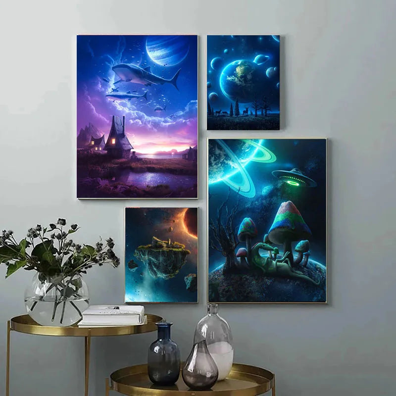 Vintage Fantasy Space Landscape Canvas Painting Abstract Planet Poster for Wall Art Home Decor Living Room Pictures No Frame - NICEART