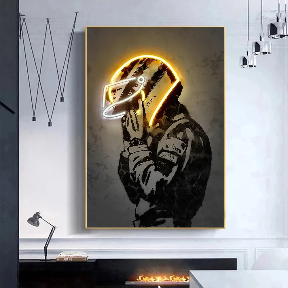 Abstract Ayrton Senna Neon Helmet Wall Art Canvas Painting Motorcycle Racing Posters and Prints Sport Picture for Home Bar Decor - niceart