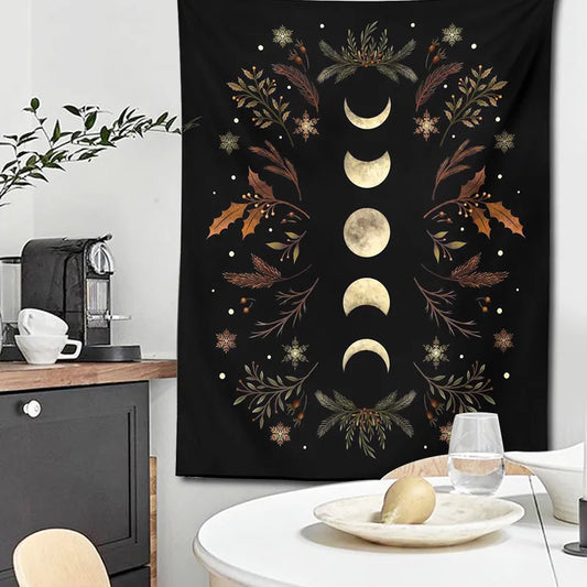 Moon Phase Tapestry Wall Hanging Black Psychedelic Tapestries Flower Starry Bohemian Tapestries Art Home Decoration