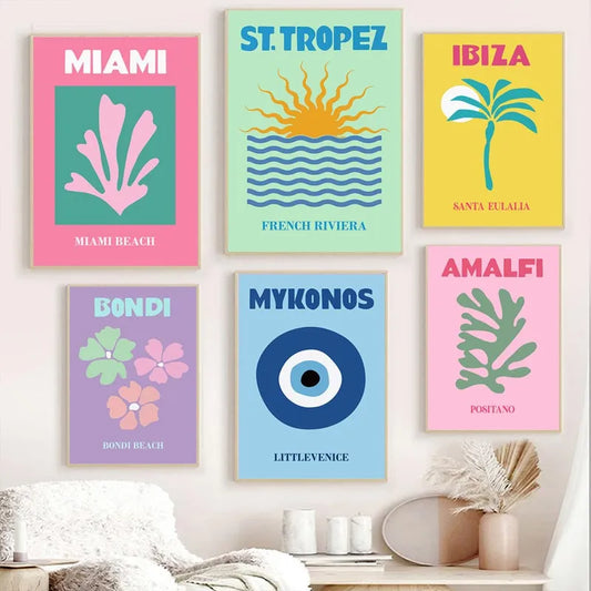 Mykonos Ibiza Miami Bondi Amalfi St.tropez Colourful Canvas Painting Travel Print Abstract Poster Murals Nordic Wall Art Decor - niceart