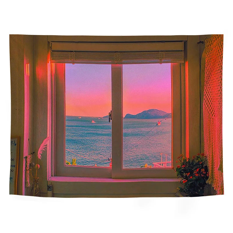 Window Tapestry Sea Outside The Window Wall Hanging Starry Carpet Blanket Bedspread Yoga Towel Home Beach Wall Decor Dropship - NICEART