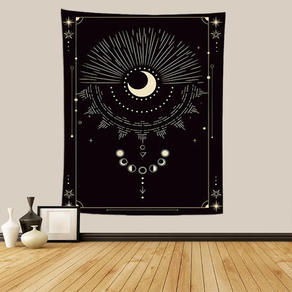 Tarot Cat on Moon Psychedelic Tapestry Wall Hanging Black White Mysterious Divination Witchcraft Tapestries Hippie Decor