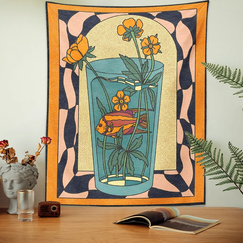 Vintage Inspired Tapestry Wall Hanging Psychedelic vase goldfish flower Decor Minimalist Print Bohemian Art Wall Decor Mural - NICEART