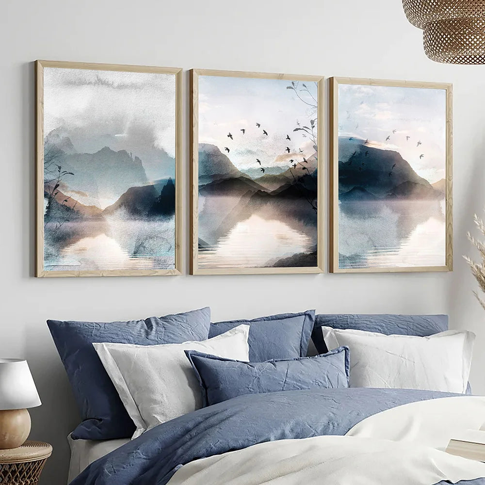 Modern Abstract Blue Watercolour Landscape Mountain Wall Art Canvas Painting Nordic Poster Print Wall Picture Living Room Decor - NICEART