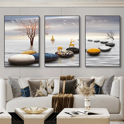3 Pieces Nordic Luxury Ribbon Abstract Landscape Wall Art Canvas Paintings Modern Gold Deer Poster Print Picture for Home Decor - NICEART