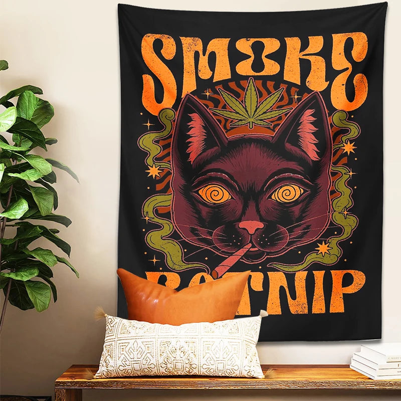 Smoke Catnip Tapestry Wall Hanging retro tarot cat smoke leaf Mysterious Divination Witchcraft Black Cool home dorm room Decor - NICEART