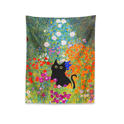 Garden Cat Tapestry Wall Hanging Oil Painting Garden Plants Flowers Cute Cat Psychedelic Bohemia Room Art Home Decor Gift