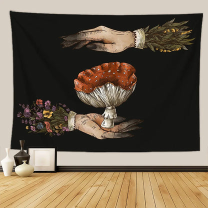 Mystery Vintage Tarot Mushroom Tapestry Wall Hanging Witch Hand Mural Botanical Butterfly Sun and Moon Hippie Aesthetic Tapestry