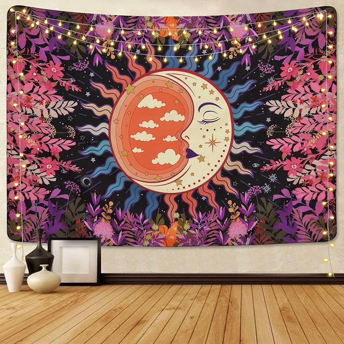 Beautiful Bohemian Interior Decoration Tapestry Psychedelic Sun And Moon Hippie Datura Flower Home Hanging On The Wall Tapestry