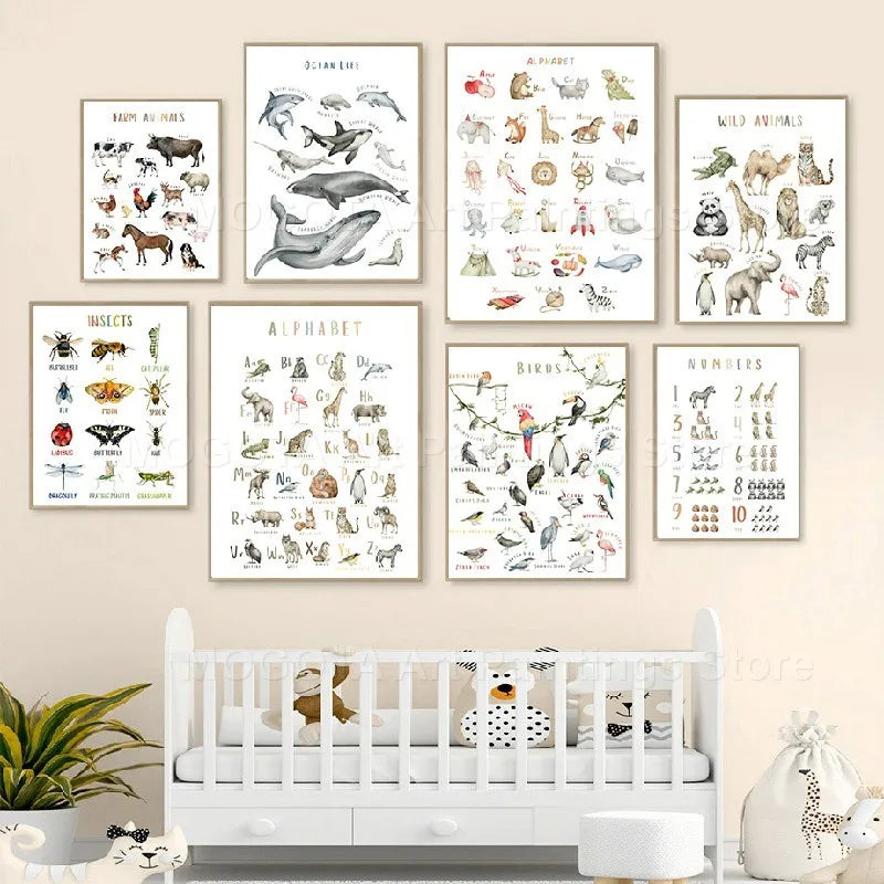 Wild Animal Bird Insect Whale Number Alphabet Montessori Education Poster Nursery Wall Art Canvas Painting Print Kids Room Decor - NICEART