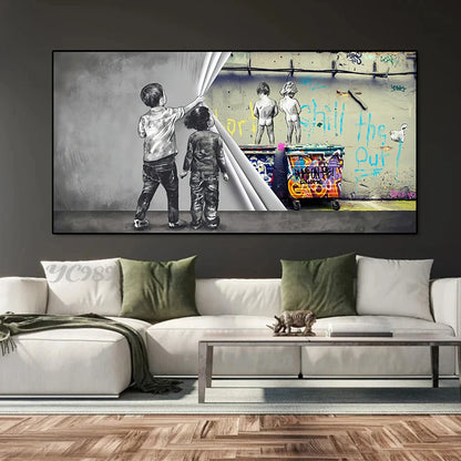 Street Graffiti Art Behind the Curtain Canvas Painting,Boy and Girl Find Love,Banksy Wall Art Posters Prints for Home Room Decor - NICEART