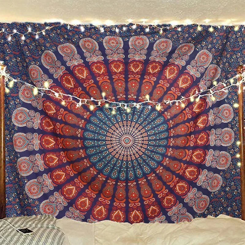 Indian Hippie Bohemian psychedelic Golden Blue Peacock Mandala wall hanging Fine Art Home Decor Tapestry