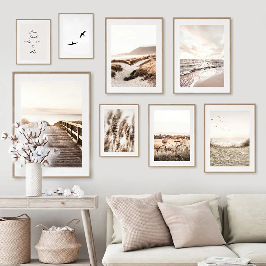 Bridge Beach Bike Bird Beige Grass Sunset Wall Art Canvas Painting Nordic Posters And Prints Wall Pictures For Living Room Decor - NICEART