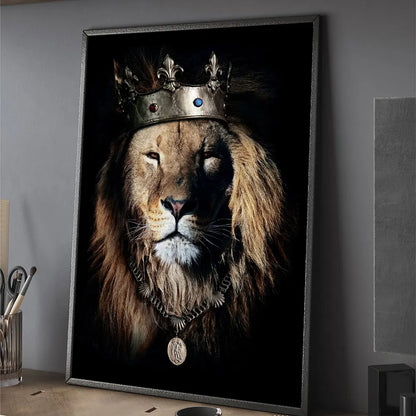 Wearing a Crown Lion Print Black White Creative Animals Canvas Painting Lion Picture Poster Wall Art for Room Home Cuadros Decor - NICEART