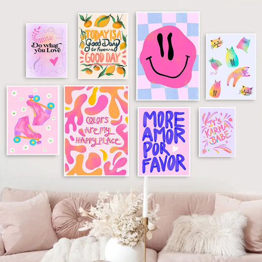 Art Colors Lemon Pink Roller Skates Poster Painting Smiley Cats Rainbow Quote Modern Canvas Print Wall Living Room Home Decor - niceart