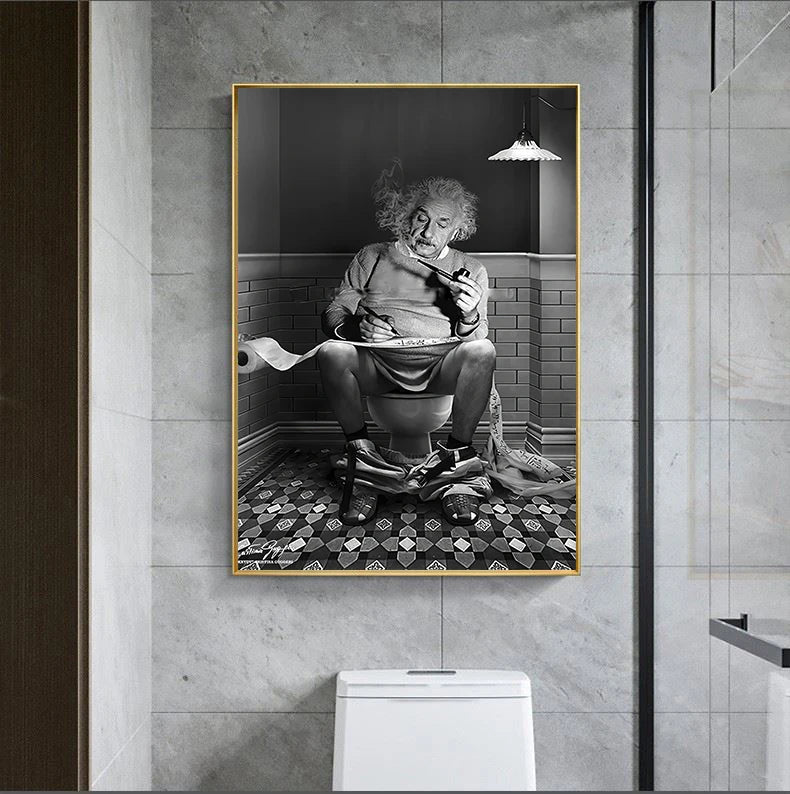 Black And White Einstein Reading Newspaper Poster Canvas Painting Funny Toilet Wall Art Picture For Bathroom Home Decoration - NICEART