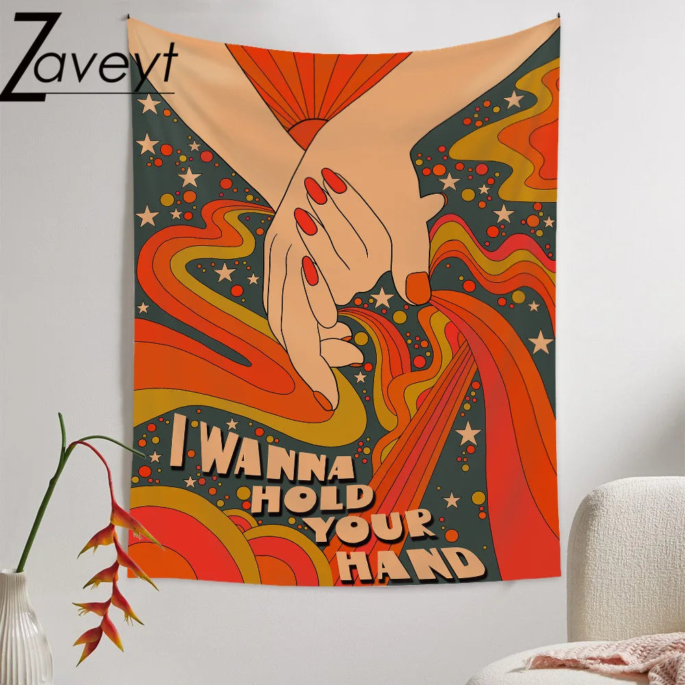 75x58cm Boho Couple Style "I wanna hold you hand" Sun Rainbow Tapestry Wall Hanging Retro Style Sun Trippy Aesthetic Room Decor - NICEART