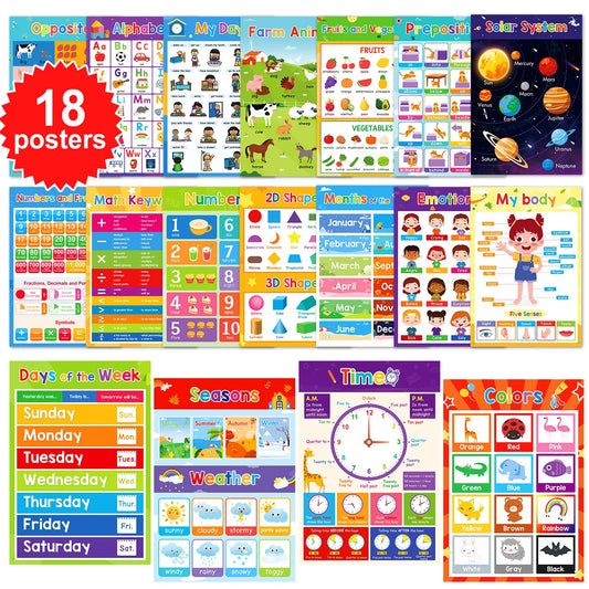 A3 Set English Learning Poster Colors Months Numbers Animals Alphabet Shapes Preschool Kindergarten Early Education Kids Posters - NICEART