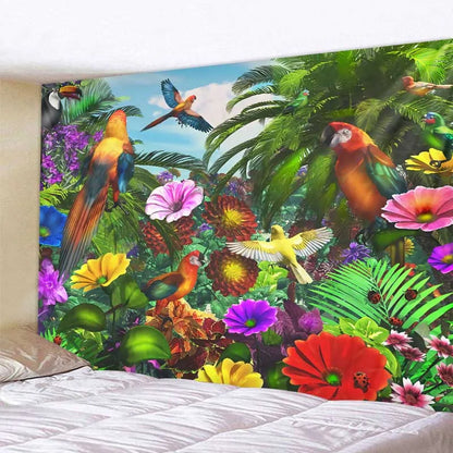 Jungle birdsong Floral Art Deco tapestry psychedelic scene wall hanging Bohemian aesthetic room bedroom home decor