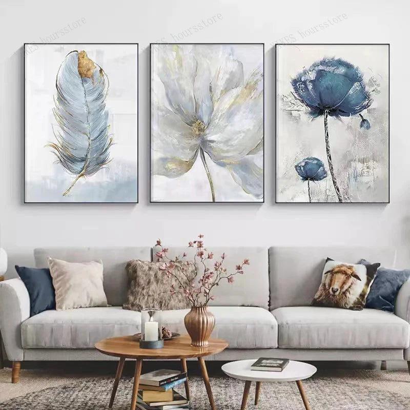 Abstract Art Painting Nordic Living Room Decor Picture Blue Gold Plant Leaves Canvas Poster Print Modern Home Decor Wall - NICEART