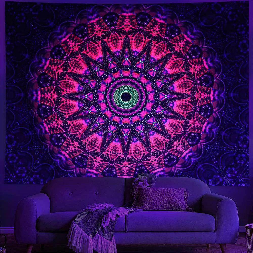 Fluorescent Tapestry Hippie Home Decor   UV Reactive Psychedelic  Wall Hanging Boho Style