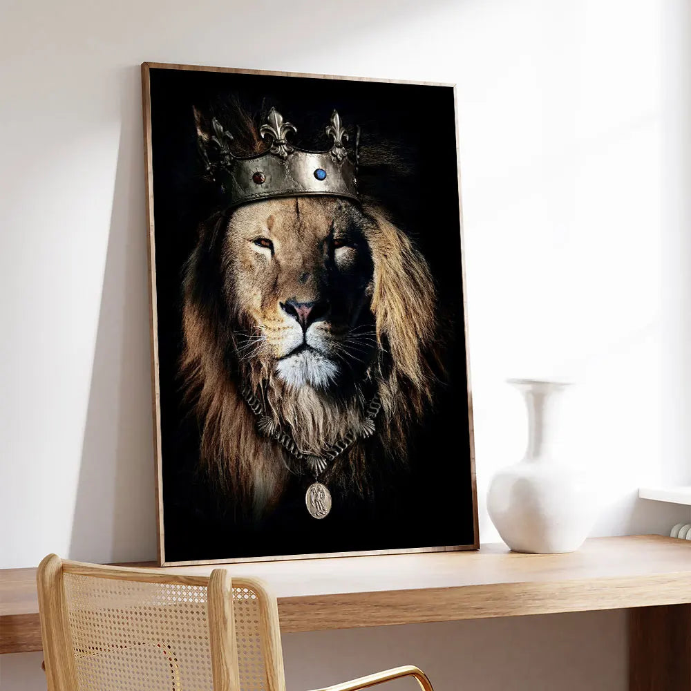 Wearing a Crown Lion Print Black White Creative Animals Canvas Painting Lion Picture Poster Wall Art for Room Home Cuadros Decor - NICEART