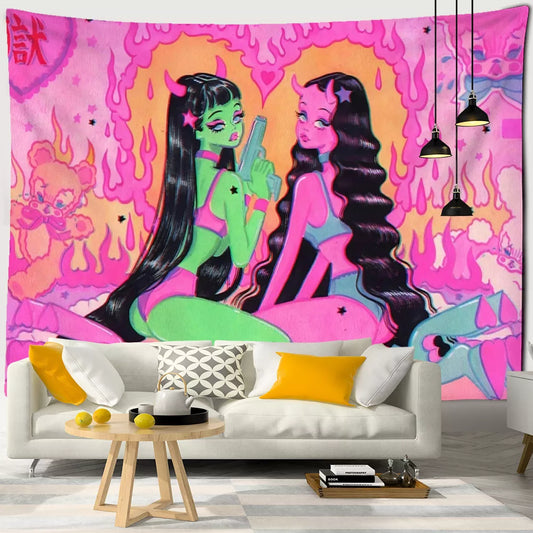 Kawaii Women Wall Hanging Tapestry Anime Cute Girl Illustration Aesthetic Art Tapiz Hippie Room Dorm Decor