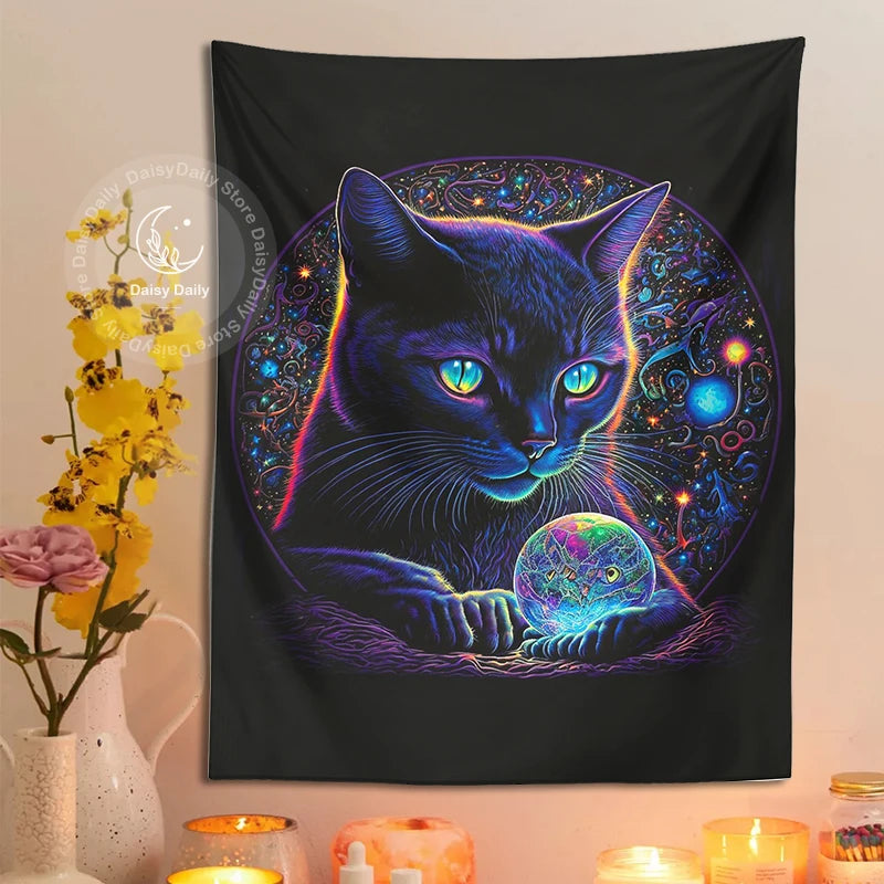Blacklight Cat Tapestry Trippy Magic Black Cat Looking Into His Crystal Ball Boho Art Style Decor Home for Living Room Wall Art
