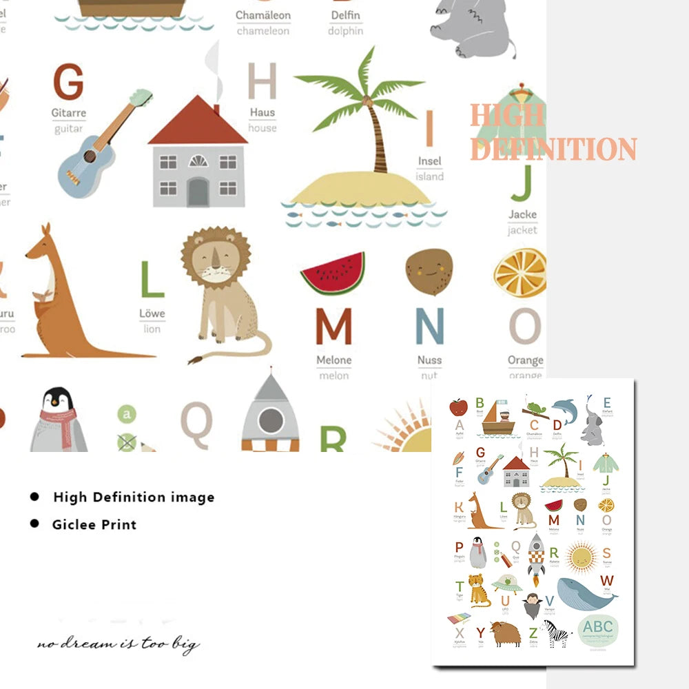 ABC Poster German English Poster and Print Kids Animal Learning Education Pictures Decoration Wall Art Canvas Painting Nursery - NICEART