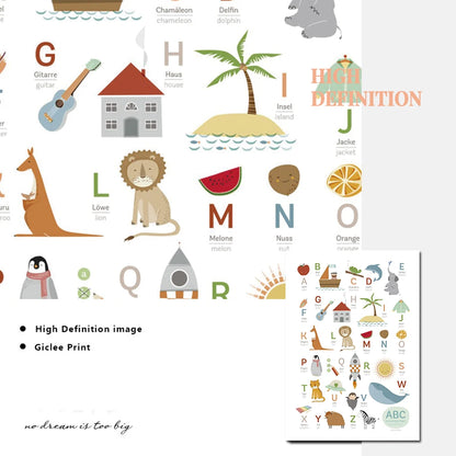 ABC Poster German English Poster and Print Kids Animal Learning Education Pictures Decoration Wall Art Canvas Painting Nursery - NICEART