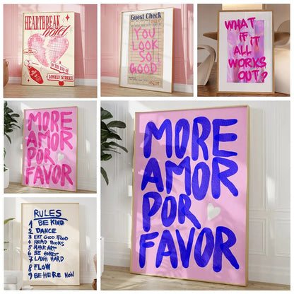 Maximalist More Amor Por Favor Colorful Eclectic Pink Love Quote Wall Art Canvas Painting Poster For Living Room Home Decor - niceart