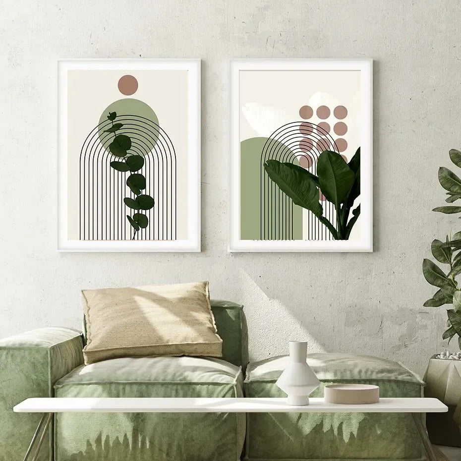 Abstract Green Leaves Geometric Wall Art Posters Canvas Painting Prints Pictures Modern Living Room Interior Home Decoration - NICEART