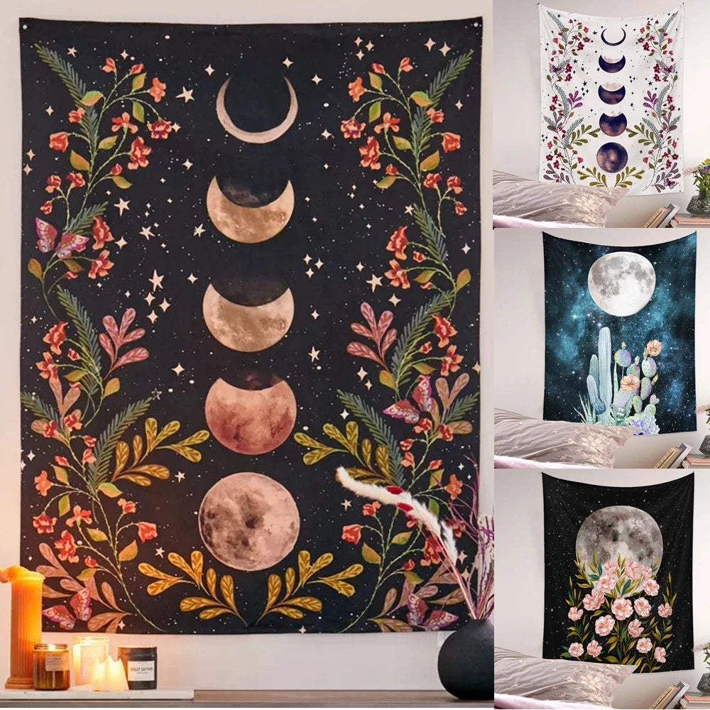 75x58cm Night Moon Phas Botanical Celestial Floral Wall Tapestry Wall Hanging Psychedelic Witchcraft Butterfly Wall Carpet Dorm - NICEART