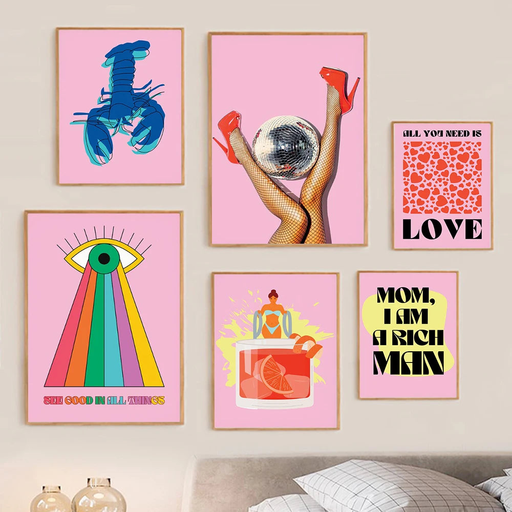 Pink Gallery Wall Set Eclectic Painting Prints Maximalist Art Aesthetic Room Collage Abstract Sexy Poster Canvas Room Home Decor - NICEART