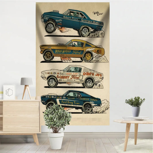 Vintage Sports Car Hot Wheels Tapestry Banner Mustang Dodge Cool Art Student Dorm Garage Club Wall Decoration