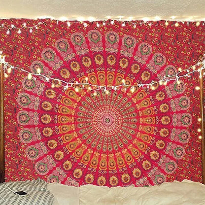 Indian Hippie Bohemian psychedelic Golden Blue Peacock Mandala wall hanging Fine Art Home Decor Tapestry