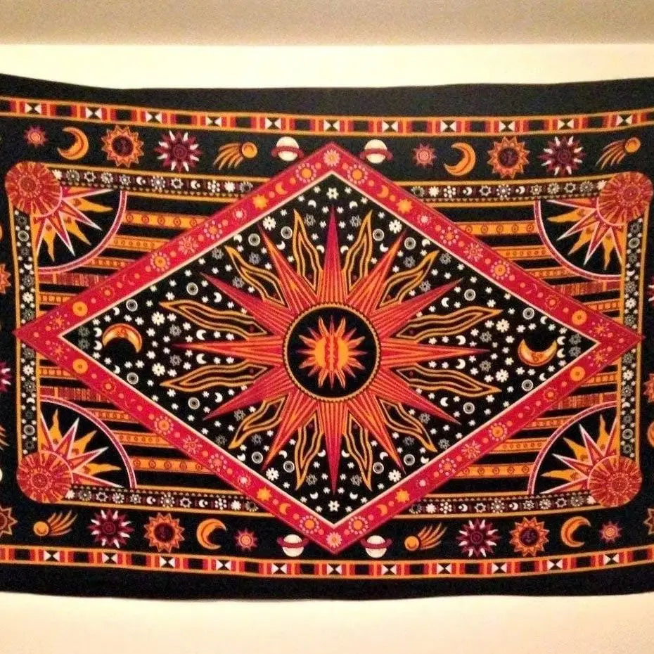 Hippie Mandala sun and moon man-made poster tapestry wall hanging - India gold burning sun star psychedelic pop mysterious beach - NICEART