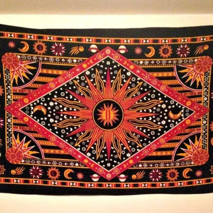 Hippie Mandala sun and moon man-made poster tapestry wall hanging - India gold burning sun star psychedelic pop mysterious beach