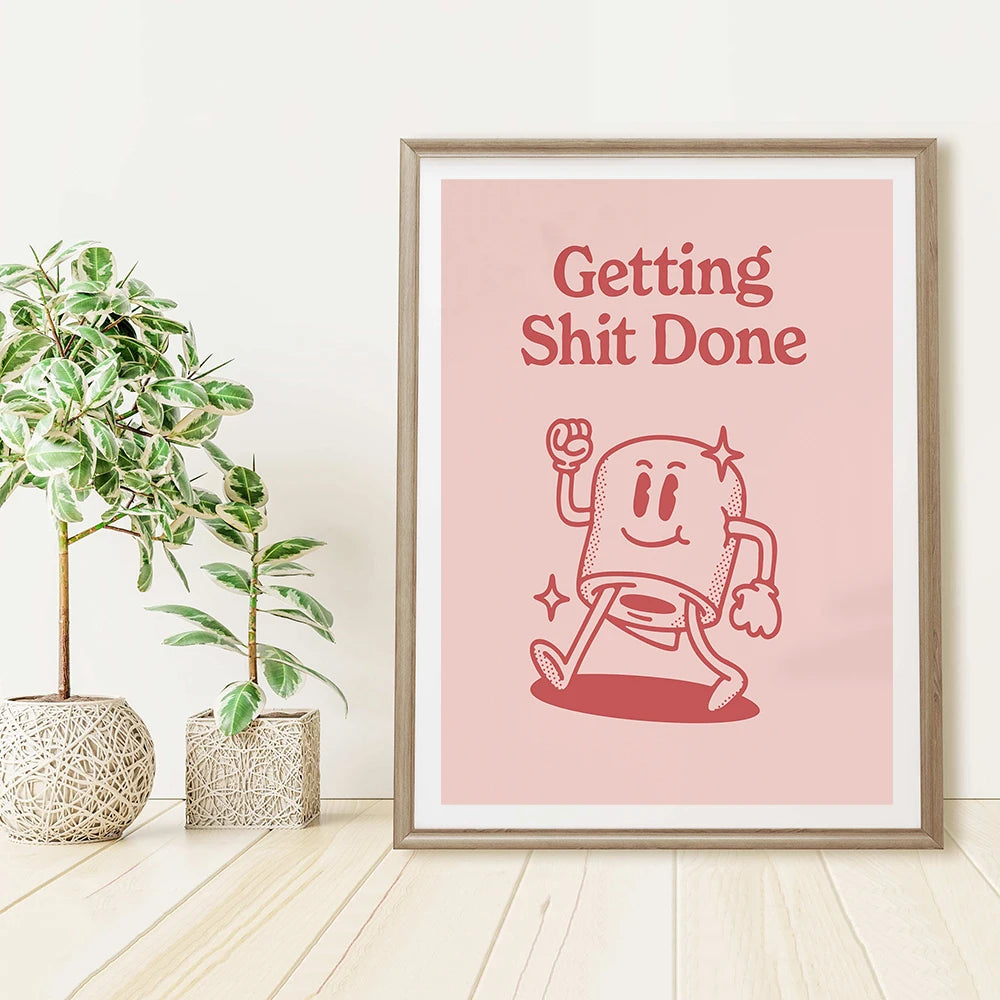 Funny Bathroom Sign Poster Pink Retro Getting Shit Done Quote Canvas Prints Art for Painting Wall Picture Toilet WC Home Decor - NICEART