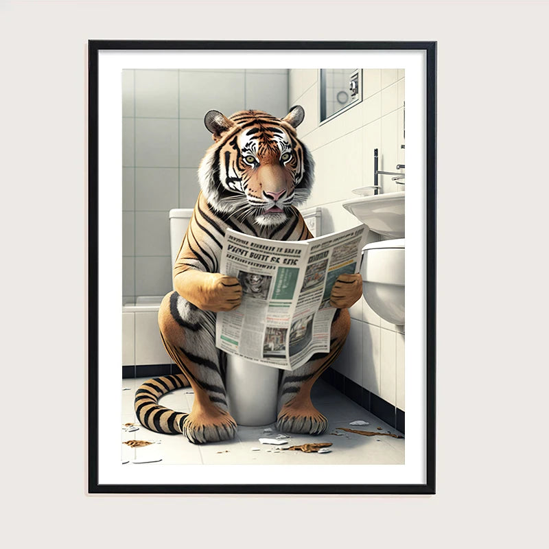 Funny Bathroom Humorous Animal Wall Decor Bear Dog Tiger Sitting on Toilet Reading Newspaper Poster Art Print Canvas Painting - NICEART